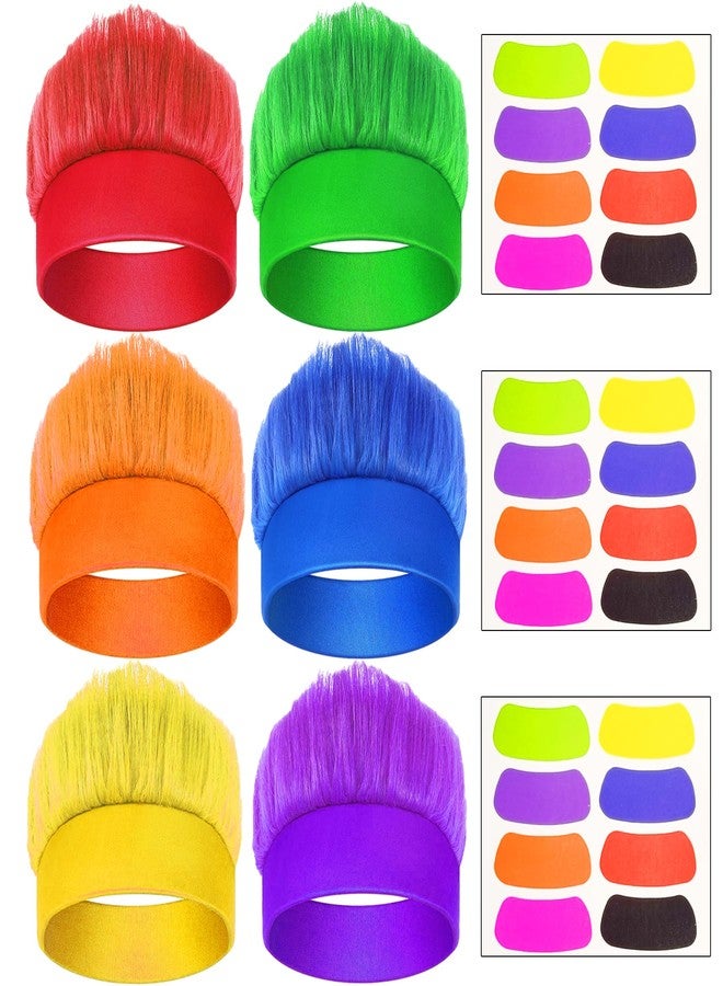 Popuid 6Pcs Hairy Headbands Flowy Troll Crazy Hair & Stickers - Spirit Week Accessories Cheering Headwear Costume Adult (Mixed Colors) - Image 1